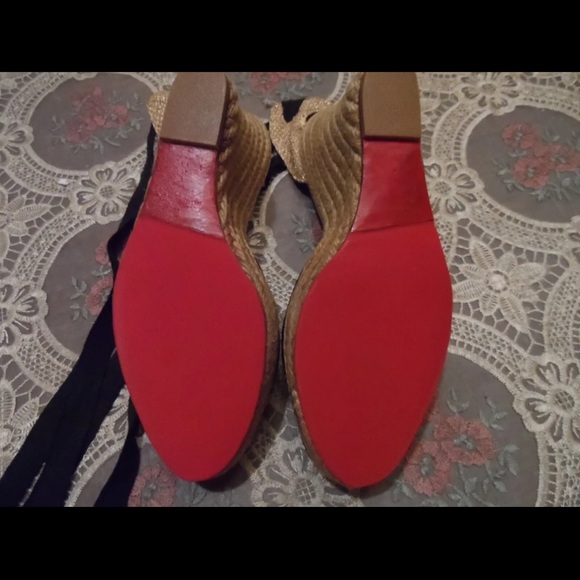 Christian Louboutin Black Leather Wedge Espadrilles w/Ankle Tie Detail Size 40. - Picture 10 of 12